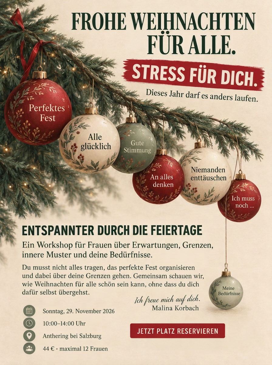 Plakat: Entspannter durch die Feiertage – Workshop für Frauen am 29. November 2026 in Anthering